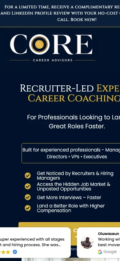 CORE Career Advisors website on mobile