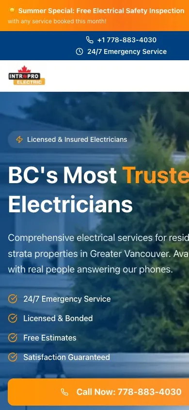 Intropro Electric website on mobile